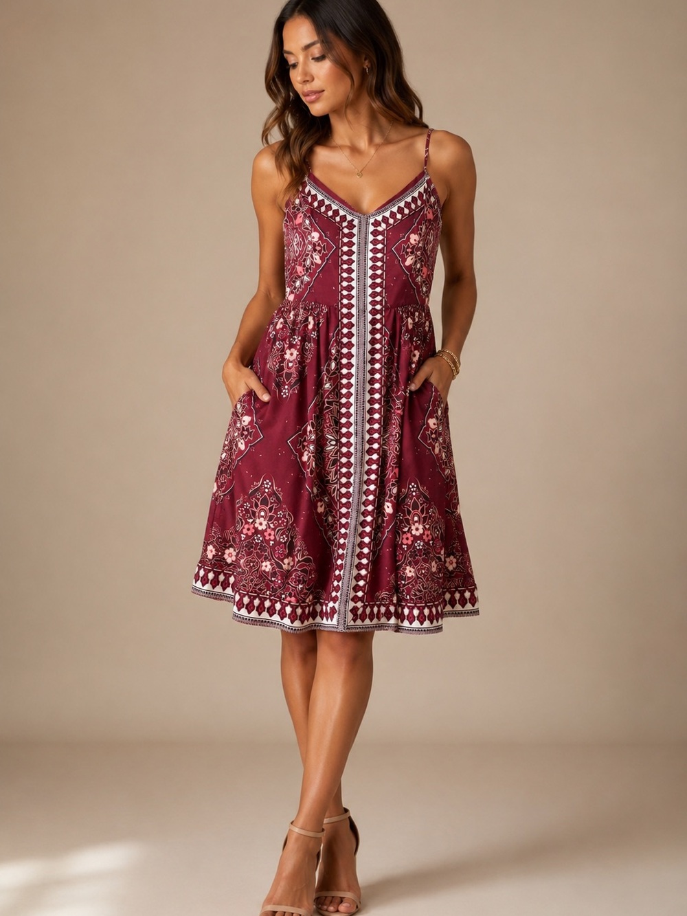 Banana Republic Spaghetti Strap Floral Bandanna Print Dress BoHo Burgundy Pocket